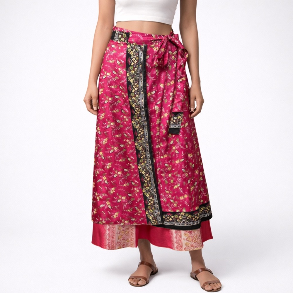 Boho Floral Two-Layer Wrap Skirt One Size